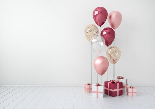 3D interior render with plum and pink balloons, gift boxes. Realistic glossy composition with empty space for birthday, party or other promotion social media banners, text. Poster size illustration