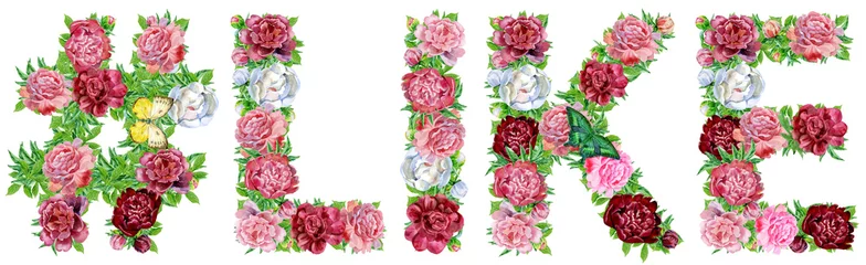 Deurstickers Hashtag sign with word LIKE of watercolor flowers for decoration © Andreichenko