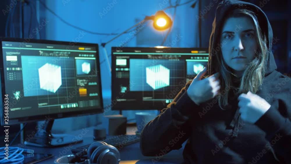 Poster cybercrime, hacking and technology concept - female hacker in dark room creating code or using compu