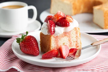 Fotobehang Angel food cake with whipped cream and strawberries © asife