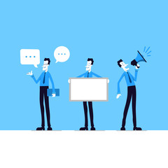 Office worker character illustration in different poses. Joyful business man presentation.