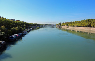 Fototapeta na wymiar Rhone River in the Lyon city in French in South Europe