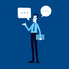Business character talking. Joyful worker with bubble speech symbol. Flat design cartoon illustration.