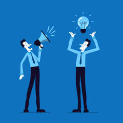 Businessman characters in different poses. Office worker with idea and shouting with loudspeaker.