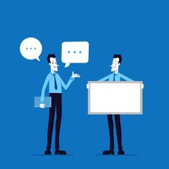 Businessman character in different poses. Chatting and holding a board.