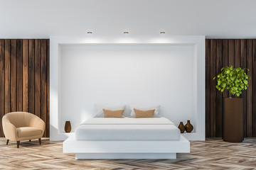 Stylish bedroom interior with white bedding of king size bed in fashionable. 3d render.