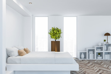 Stylish bedroom interior with white bedding of king size bed in fashionable. 3d render.