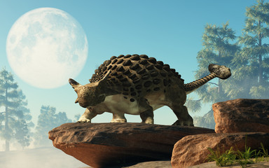 Ankylosaurus, one of the most popular dinosaurs, was a cretaceous era ornithischian herbivore. The armored dino stands on a rock under a full moon in the afternoon. 3D Rendering.  © Daniel Eskridge