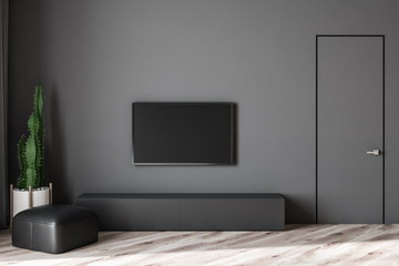 Grey concrete wall in a modern lovely living room sofa interior. 3d render.