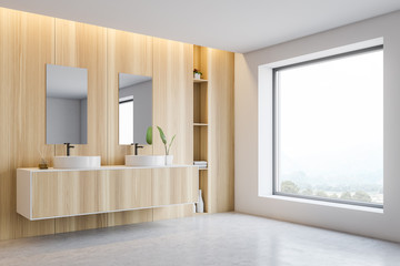 Fototapeta na wymiar White and wooden bathroom with window