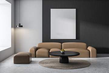 White and gray living room with poster