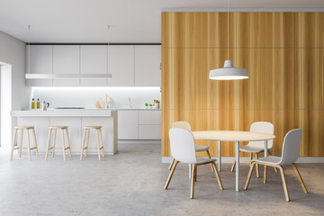 Modern cozy disign kitchen interior with furniture. 3d Render.