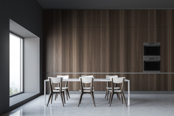 Gray and wooden dining room interior