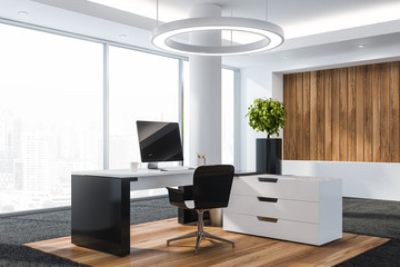 Modern white empty office interior with work space. 3D render. City view.