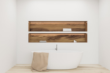 Fototapeta na wymiar White bathroom with tub and shelves