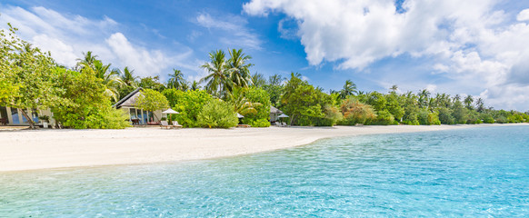 Maldives island beach panorama, tropical landscape with green palm trees and blue sea under blue sky. Exotic travel destination concept, summer vacation, beach holiday