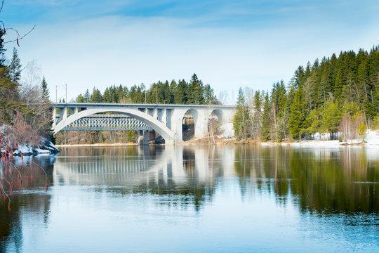 Spring landscape of bridge and Kymijoki river waters in Finland, Kymenlaakso, Kouvola, Koria