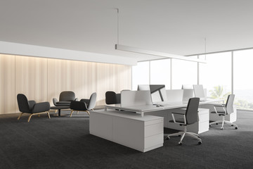 Modern white empty office interior with work space computers and furniture. 3D render