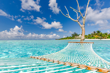 Romantic cozy hammock in Maldives islands landscape, perfect tropical beach by the sea. Sunny...