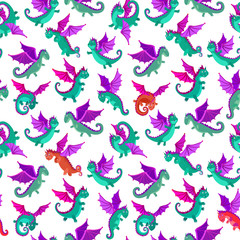 Naklejka na ściany i meble Seamless pattern of vector cartoon little flying dragons isolated on a white background. Funny small beast animals Wallpaper décor for kids, children print, wrapping paper