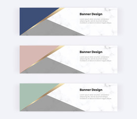 Fototapeta premium Geometric web banners with pink, green, blue and gold triangles on the marble texture. Modern templates for invitation, logo, card, flyer, poster, save the date