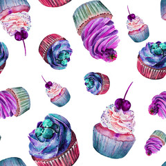 cupcakes. seamless texture. pattern. cherries, strawberries, raspberries, blueberries. watercolor