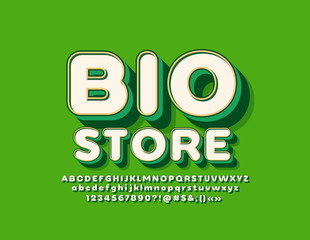 Vector 3D trendy Font with logotype Bio Store. Modern Alphabet Letters, Numbers and Symbols 