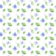 seamless pattern with blue flowers and leaves on a white background. Watercolor illustration