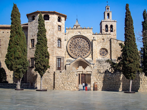 Faсade of Monastery of Sant Cugat --  Benedictine abbey in Sant Cugat del Vall&egrave;s, Catalonia, Spain.