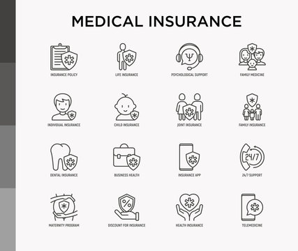 Medical insurance thin line icons set: policy, life insurance, psychological support, maternity program, 24/7 support, mobile app, telemedicine. Modern vector illustration.