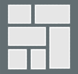 Blank postage stamp. A set of stamps with white edging on a dark gray background. Vector illustration.