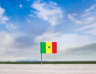 Flag of Senegal with vast meadow and blue sky behind it.