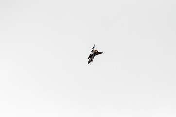 Delta wing fighter plane back view engine flame 