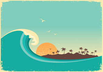 Big ocean wave and tropical island.Vintage poster background - obrazy, fototapety, plakaty