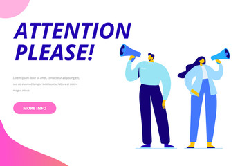 Announcement. Group of people shouting on megaphone with attention please word. Flat vector illustration.