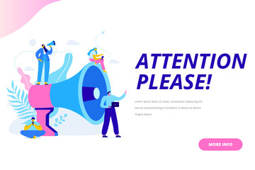 Announcement. Group of people shouting on megaphone with attention please word. Flat vector illustration.