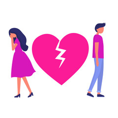 Young couple with a broken heart. Divorce. The woman is crying. Relationship problems. Modern flat vector illustration.