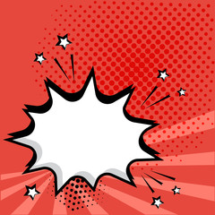 White empty speech bubble on red background. Comic sound effects in pop art style. Vector illustration.