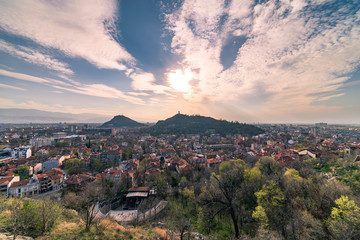 Summer sunset over Plovdiv city, Bulgaria. European capital of culture 2019 and the oldest living city in Europe. Photo from one of the hills in the city.