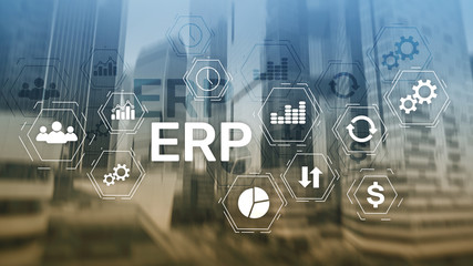 ERP system, Enterprise resource planning on blurred background. Business automation and innovation concept.
