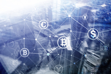 Double exposure Bitcoin and blockchain concept. Digital economy and currency trading.