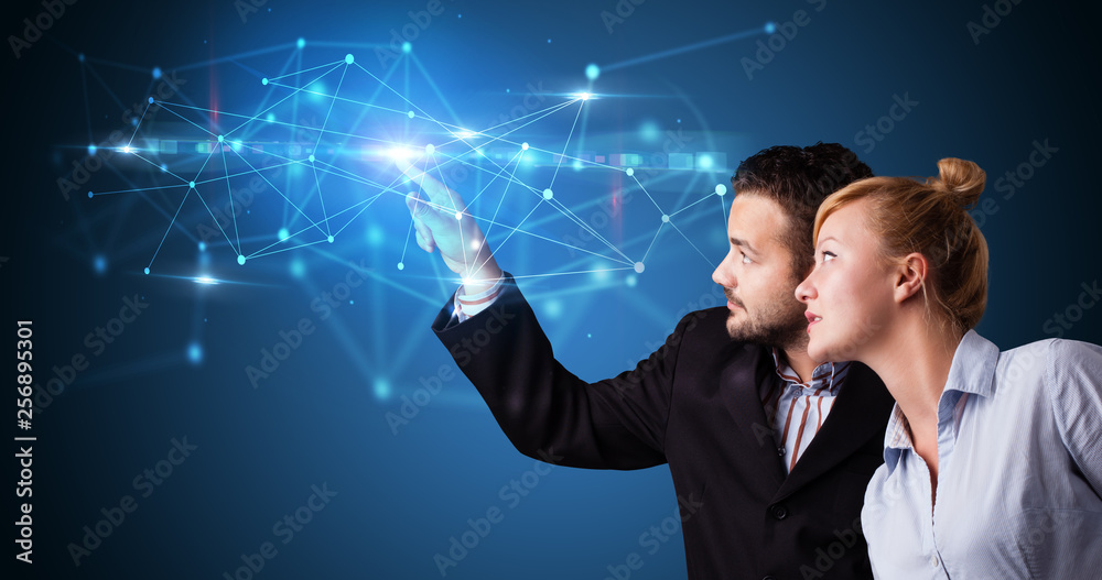 Poster Man and woman touching hologram screen displaying modern web system
