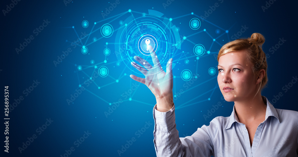 Poster woman touching hologram screen displaying keys and locks