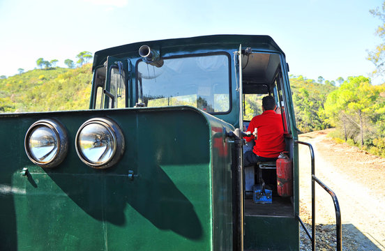 Diesel locomotive. Tourist train in a tour of the old mines of Rio Tinto, province of Huelva, Spain.