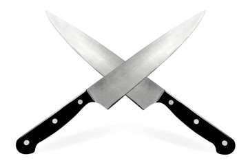 Fighting or cooking sign - two symmetric crossed knives isolated on a white background.