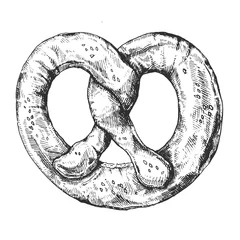Vector tasty pretzel illustration.Brezel sketch drawing, engraving, ink, line art.German food.Can be used for menu, cafe, restaurant, poster, banner, emblem, sticker, placard and other design. © Alex