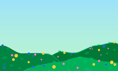 Fields and hills with cornflowers, dandelions and carnations. Vector.