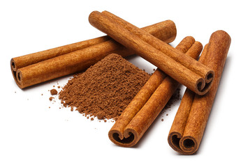 Cinnamon sticks and powder, isolated on white background
