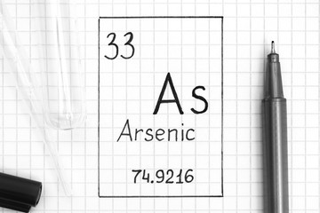 Handwriting chemical element Arsenic As with black pen, test tube and pipette.