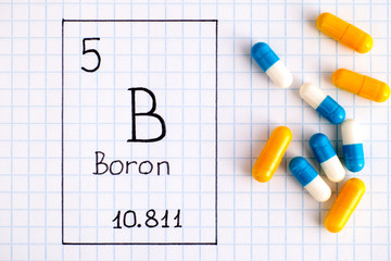 Handwriting chemical element Boron B with pills.